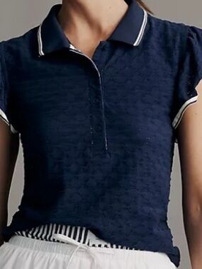 Maeve Navy Eyelet Polo Top with Contrast Trim